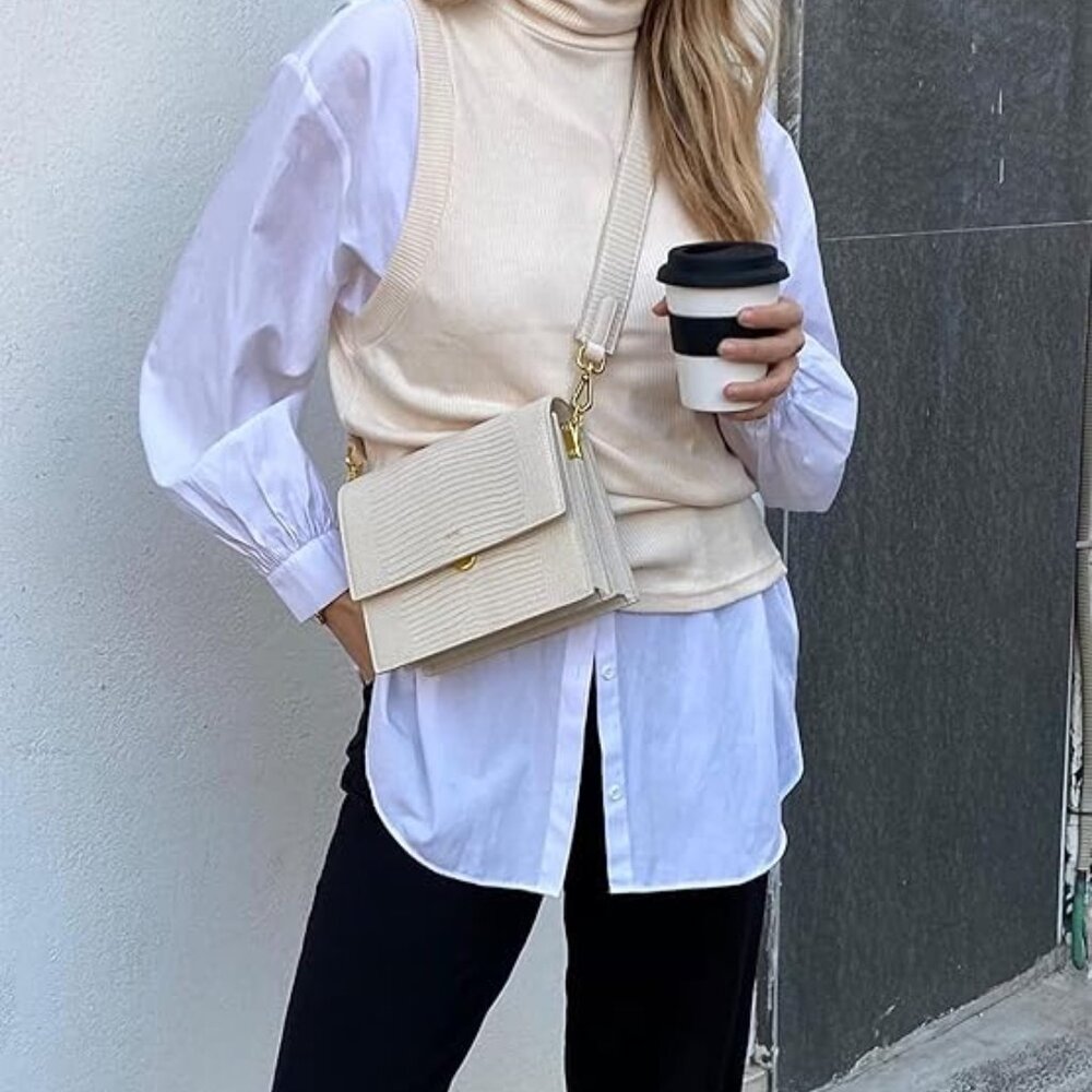 JW Pei Mini Flap Crossbody Bag Ivory Lizard Vegan Leather